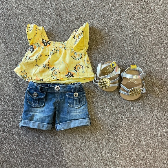 Build-A-Bear Other - BUILD A BEAR YELLOW SUMMER TOP JEAN SHORTS AND SILVER & GOLD SANDALS